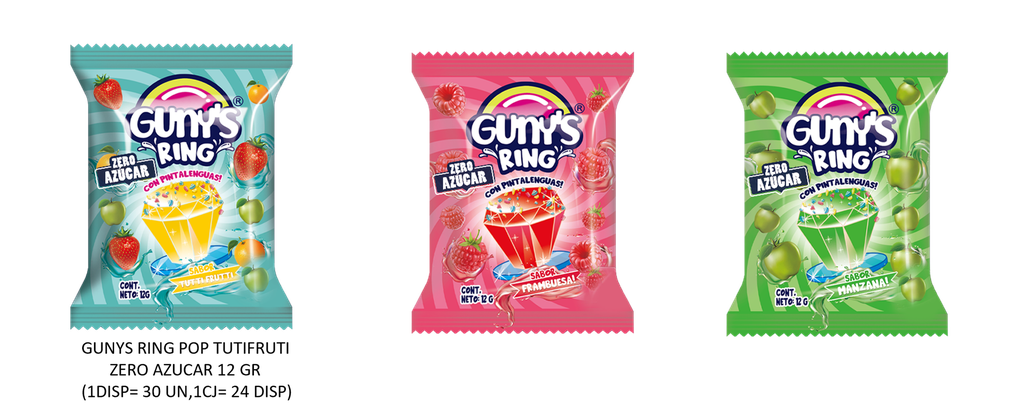 GOMITAS RING POP ZERO AZUCAR GUNYS 12 Grs.