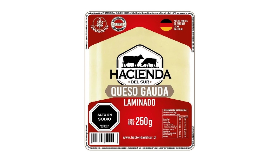 QUESO GAUDA LAMINADO HACIENDA DEL SUR 250 Grs.