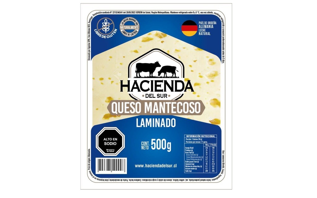 QUESO MANTECOSO LAMINADO HACIENDA DEL SUR 500 Grs.