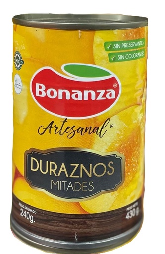DURAZNO MITADES CONSERVA BONANZA 430 Grs.